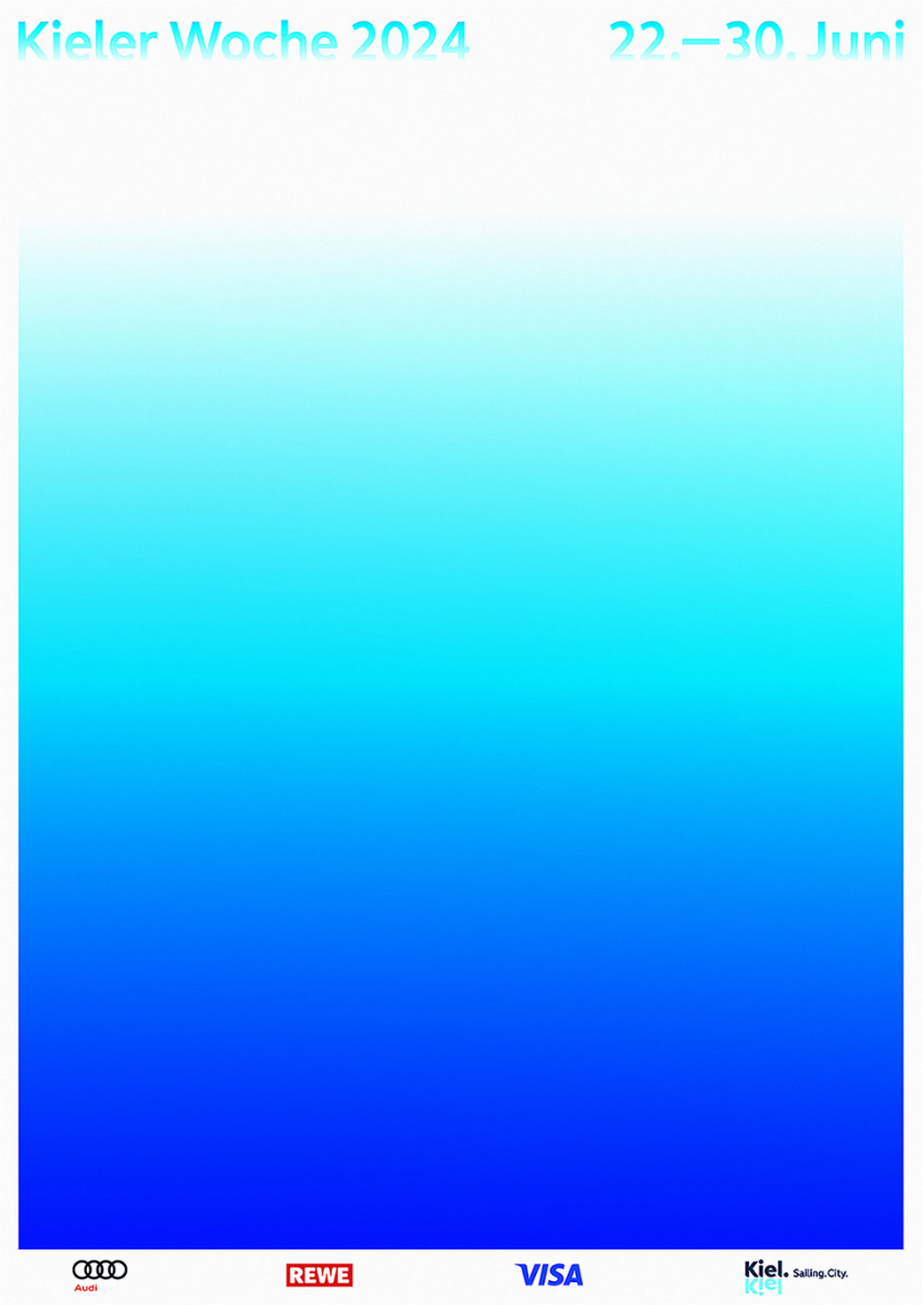 Das meditativ-ruhig wirkende Plakat zur Kieler Woche 2024 von Jianping He mit einem Farbverlauf von Weiß zu Blau.